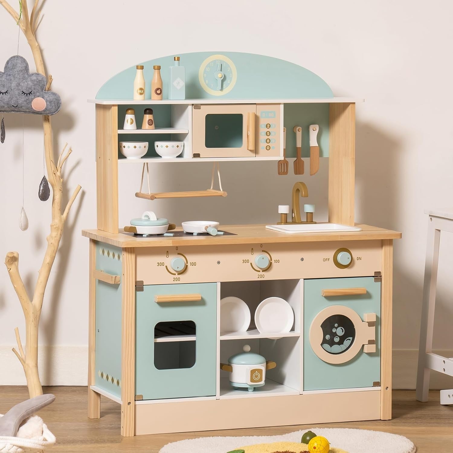 Kids Wooden Play Kitchen Set w/ Oven Microwave Blue Toy Kitchen