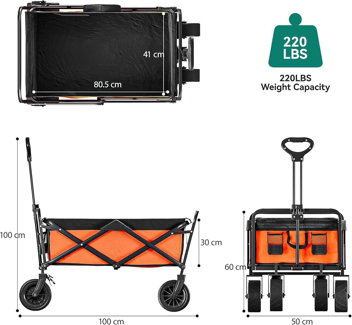 Orange Folding Beach Wagon Cart w/ Table Oversized Wheels Adjustable Handle