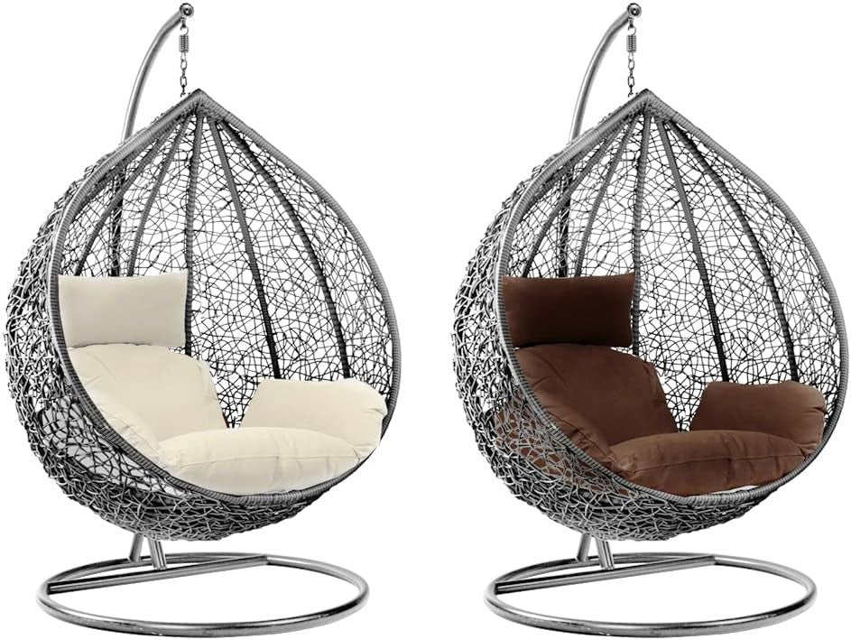Grey Rattan Hanging Egg Chair with Stand | Outdoor Indoor Swing Seat Cushion