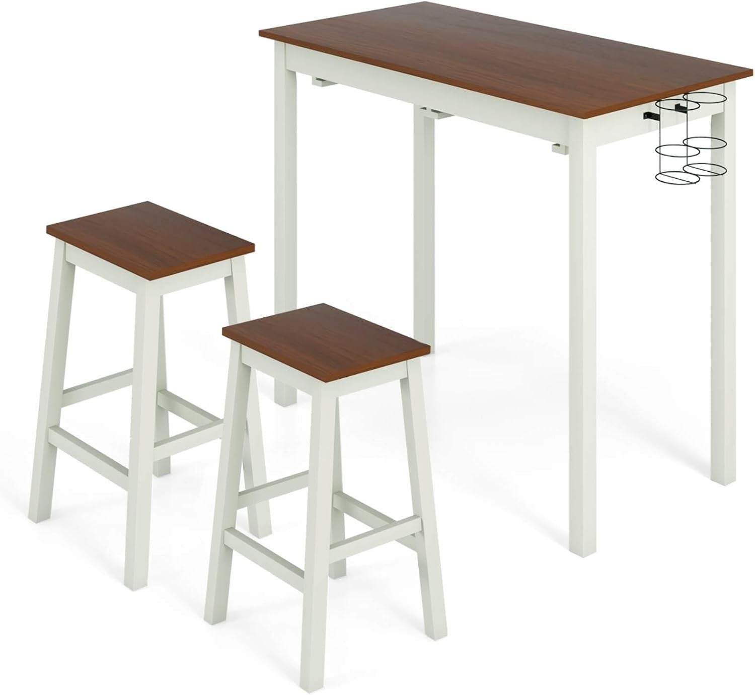 Cream White & Walnut Space-Saving Bar Table Set 2 Stools, Wine Holders, Footrest