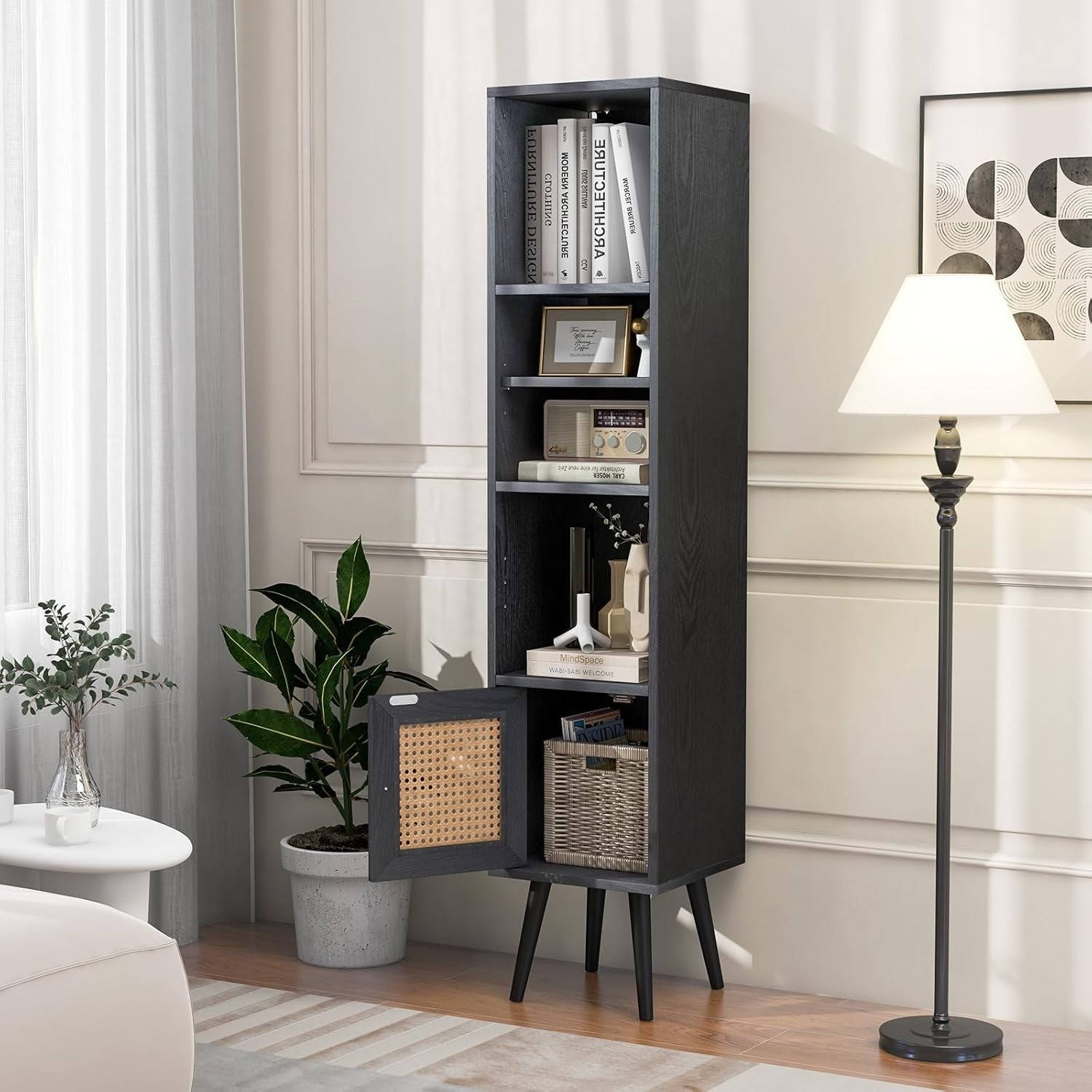 Slim Tall 6-Tier Bookcase with Cabinet Modern Black Storage Shelf Unit