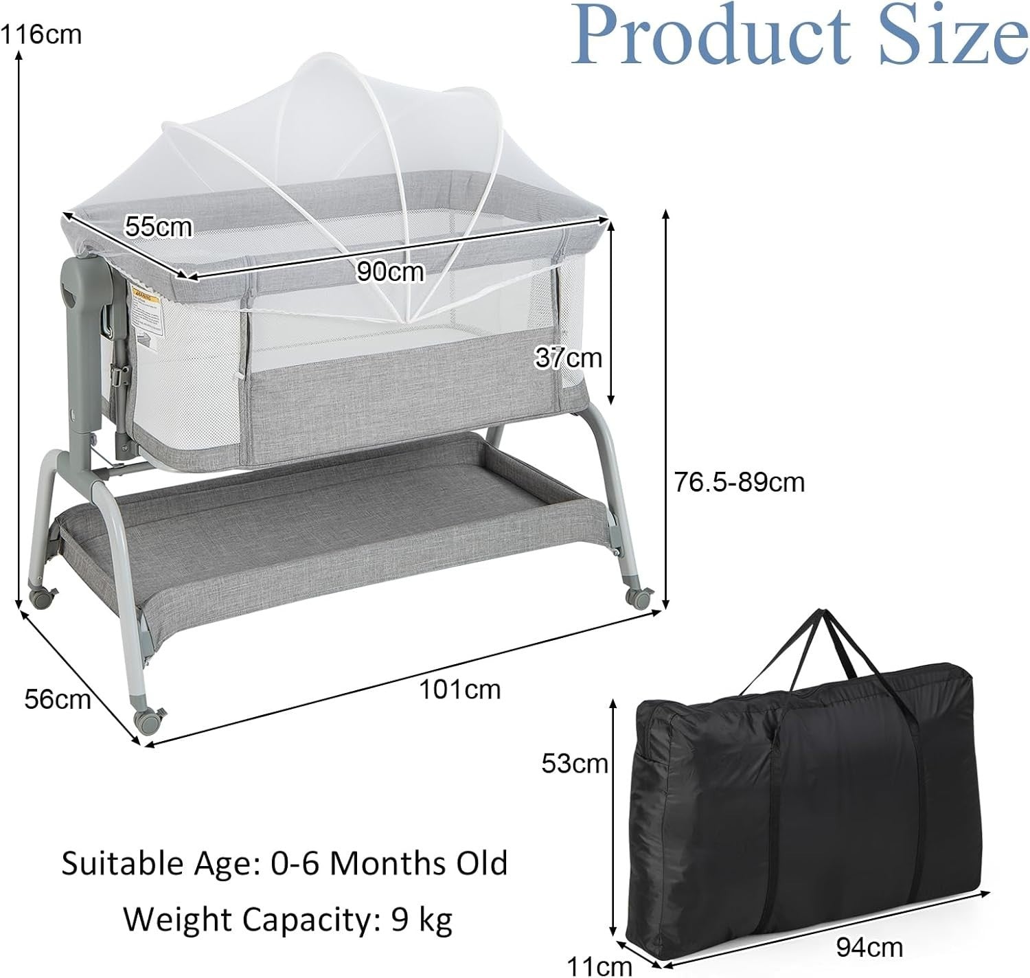 4-in-1 Baby Bedside Crib with Adjustable Height, Mosquito Net & Storage Grey