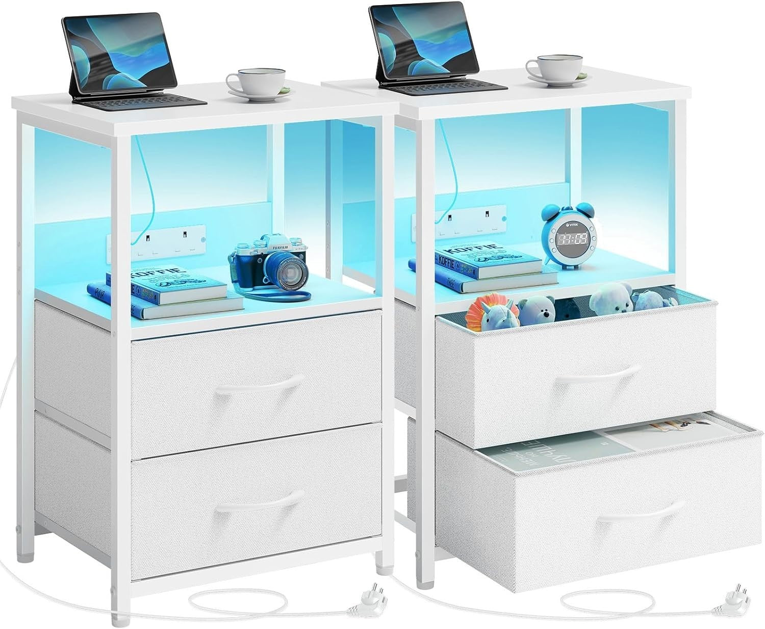 Set of 2 Smart LED Bedside Tables with Charging Station & Drawers – White Modern