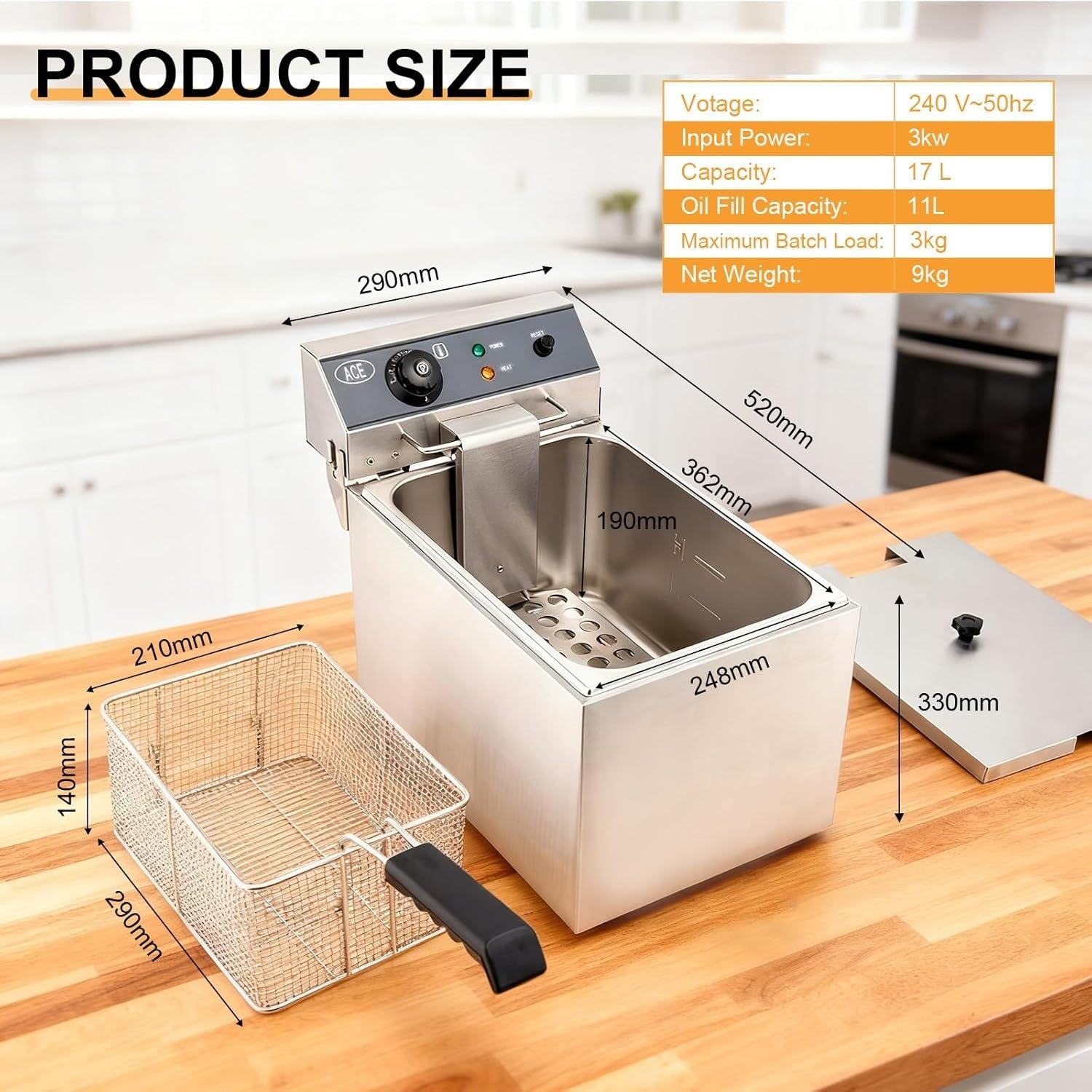 Commercial Electric Deep Fat Fryer 17L 3000W Stainless Steel