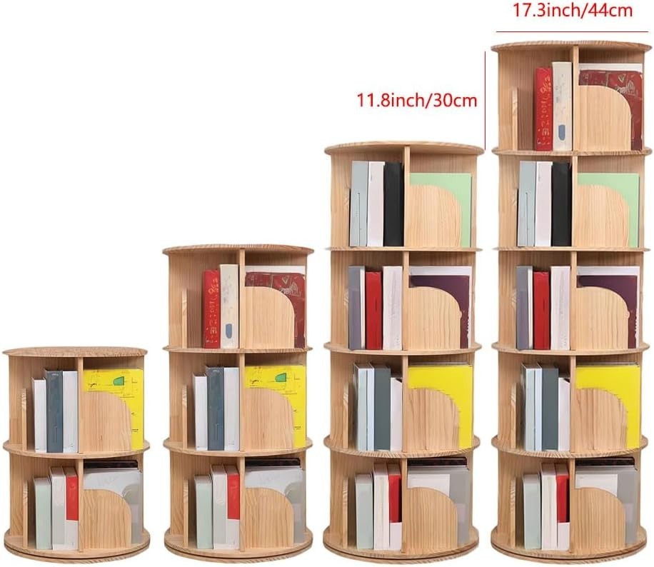 360° Rotating Bookshelf 2 Tier Wooden Storage Rack Space-Saving Bookcase