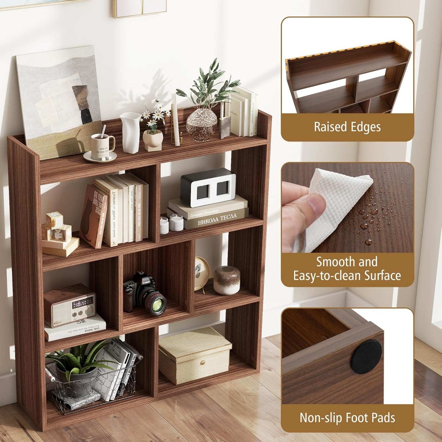 Walnut 7-Cube Bookcase Freestanding Storage Display Shelf with Anti-Topple Kit