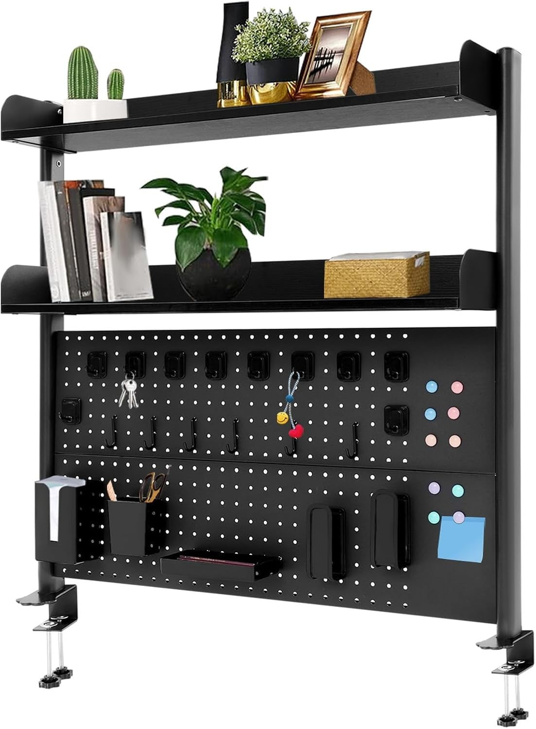 Clamp-On Desk Pegboard Shelf 2-Tier Desktop Organizer Privacy Panel Black
