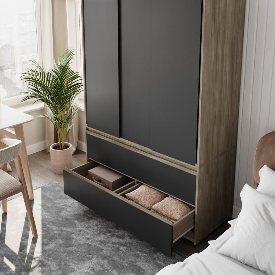 Black Sliding Door Wardrobe with 4 Drawers & Metal Hanging Rail Storage