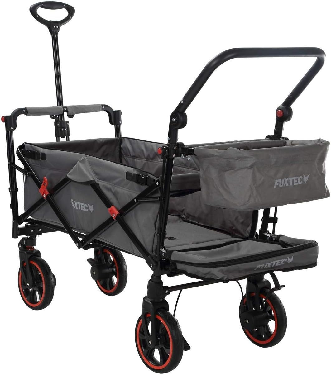 Grey Folding Stroller Wagon Kids Push Pull Cart w/ Canopy & Safety Harness
