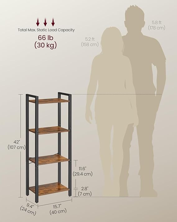 4-Tier Industrial Bookshelf Storage Unit Rustic Brown Metal Shelving Rack