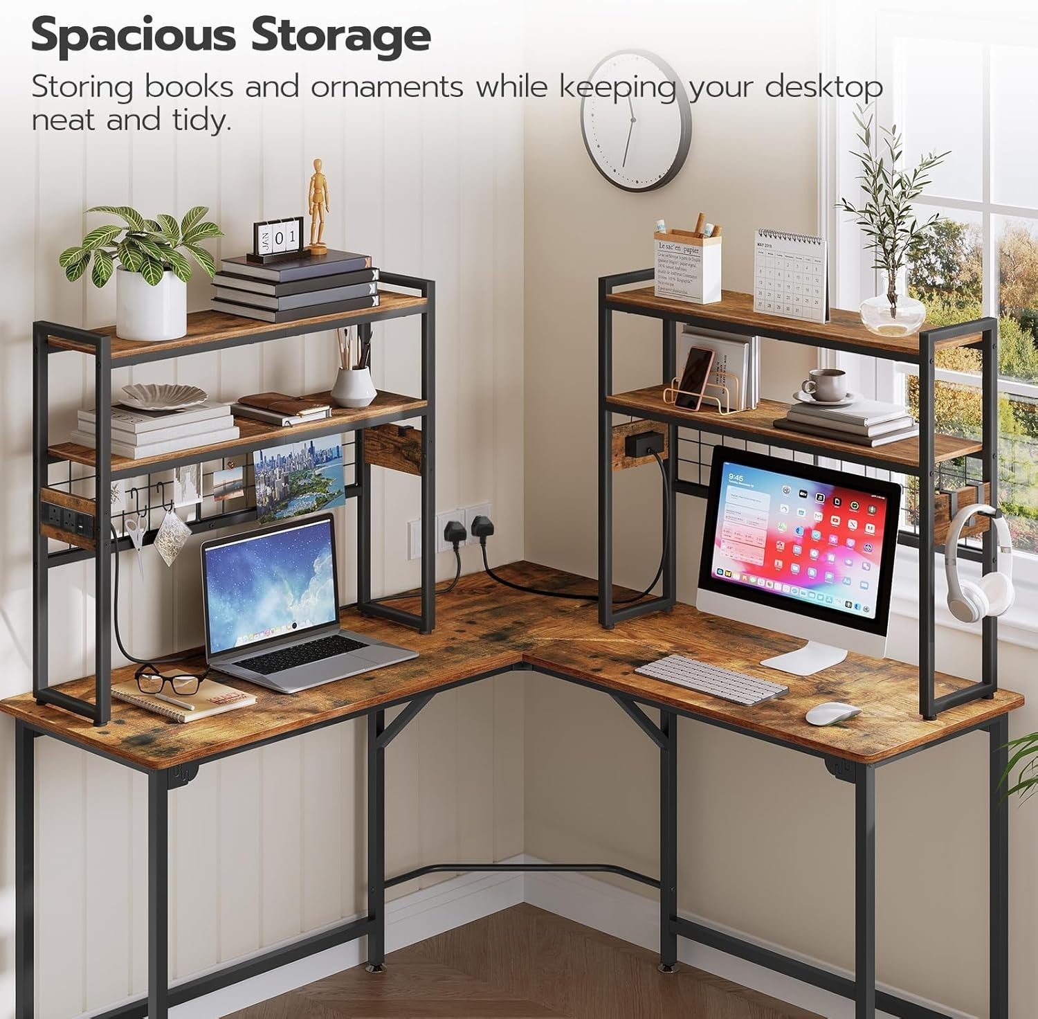 76cm Rustic Desk Hutch – 2-Tier Desktop Bookshelf w/ Outlets & LED Lighting