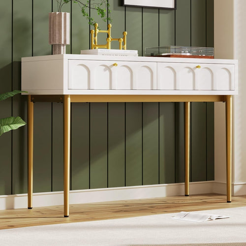 Modern Cream White Dressing Table Vanity Wood Top 2 Drawers Compact Makeup Desk