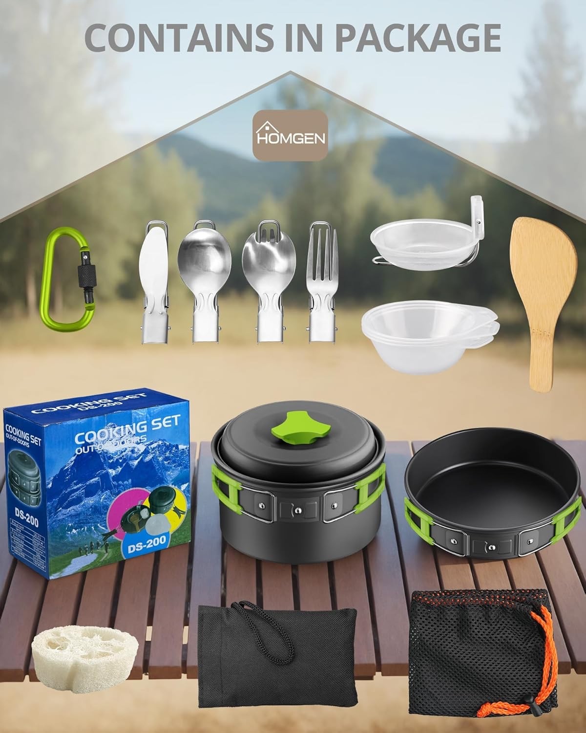 Green Camping Cookware Set with Pot Frying Pan Kettle & Utensils for 1-2 People