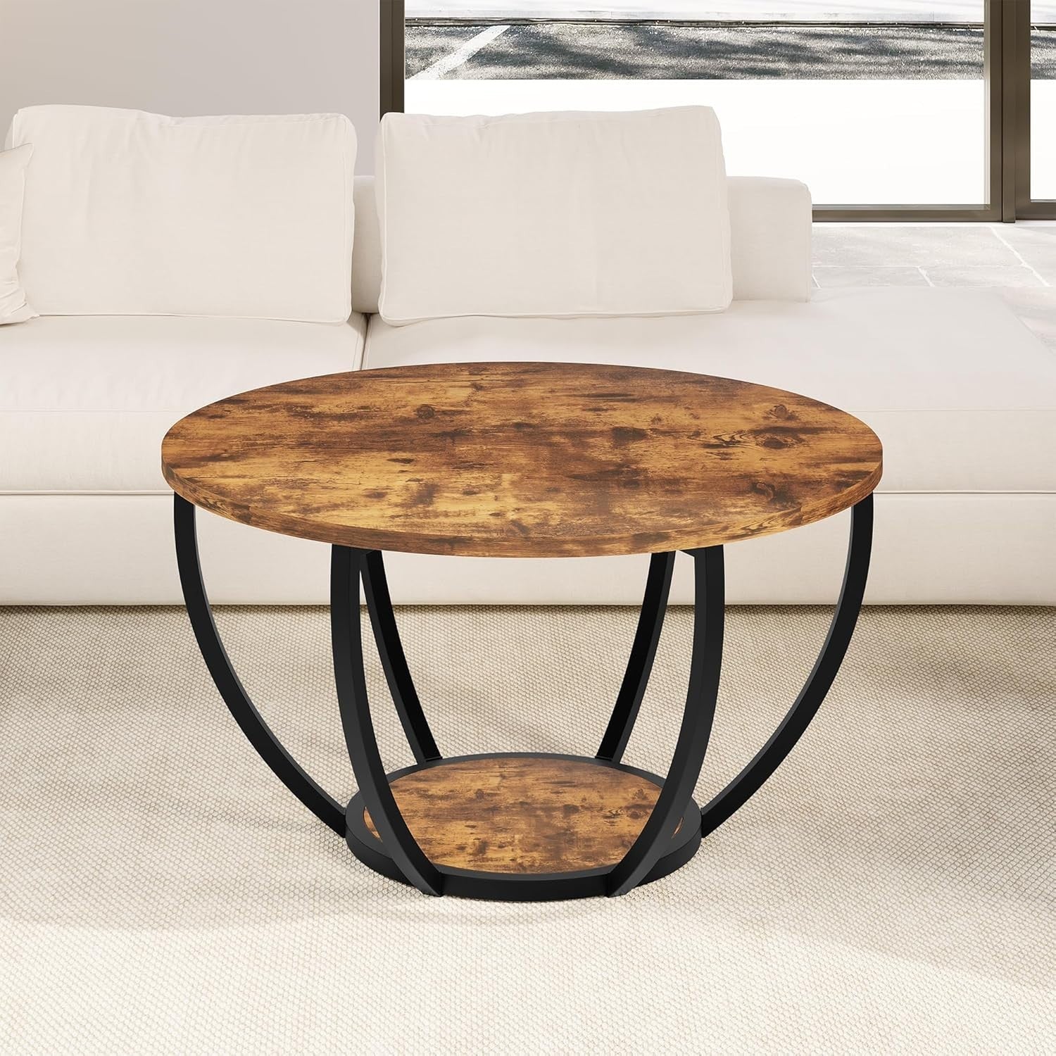 28" Round 2-Tier Coffee Table with Storage Shelves, Metal Frame Rustic Brown