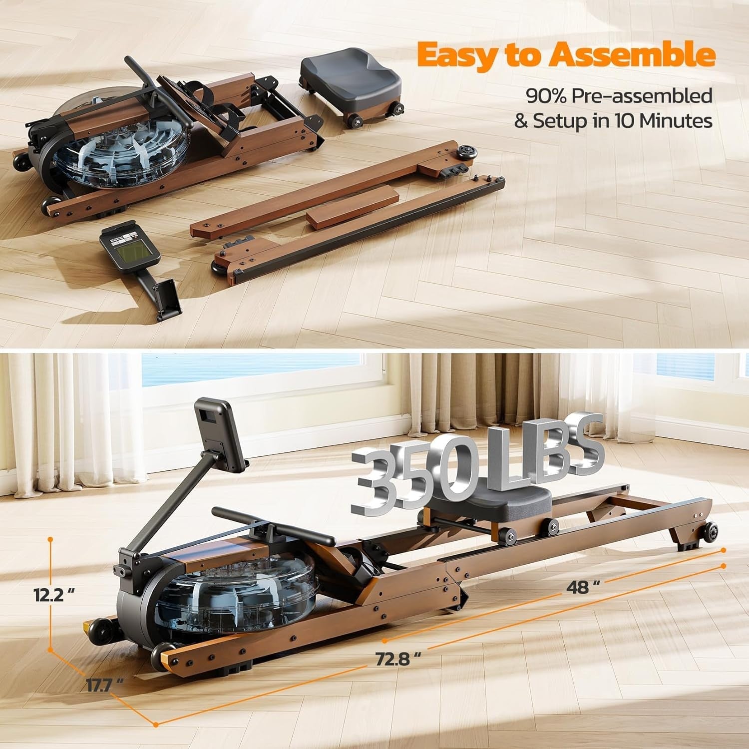 Foldable Oak Wood Water Rowing Machine Bluetooth LCD Home Rower 350LB Capacity
