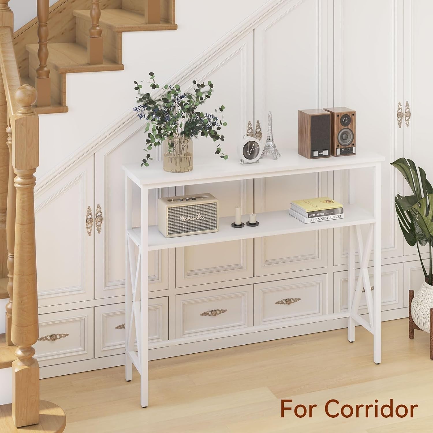 Compact Industrial Console Table with Adjustable Feet & Metal Frame, White