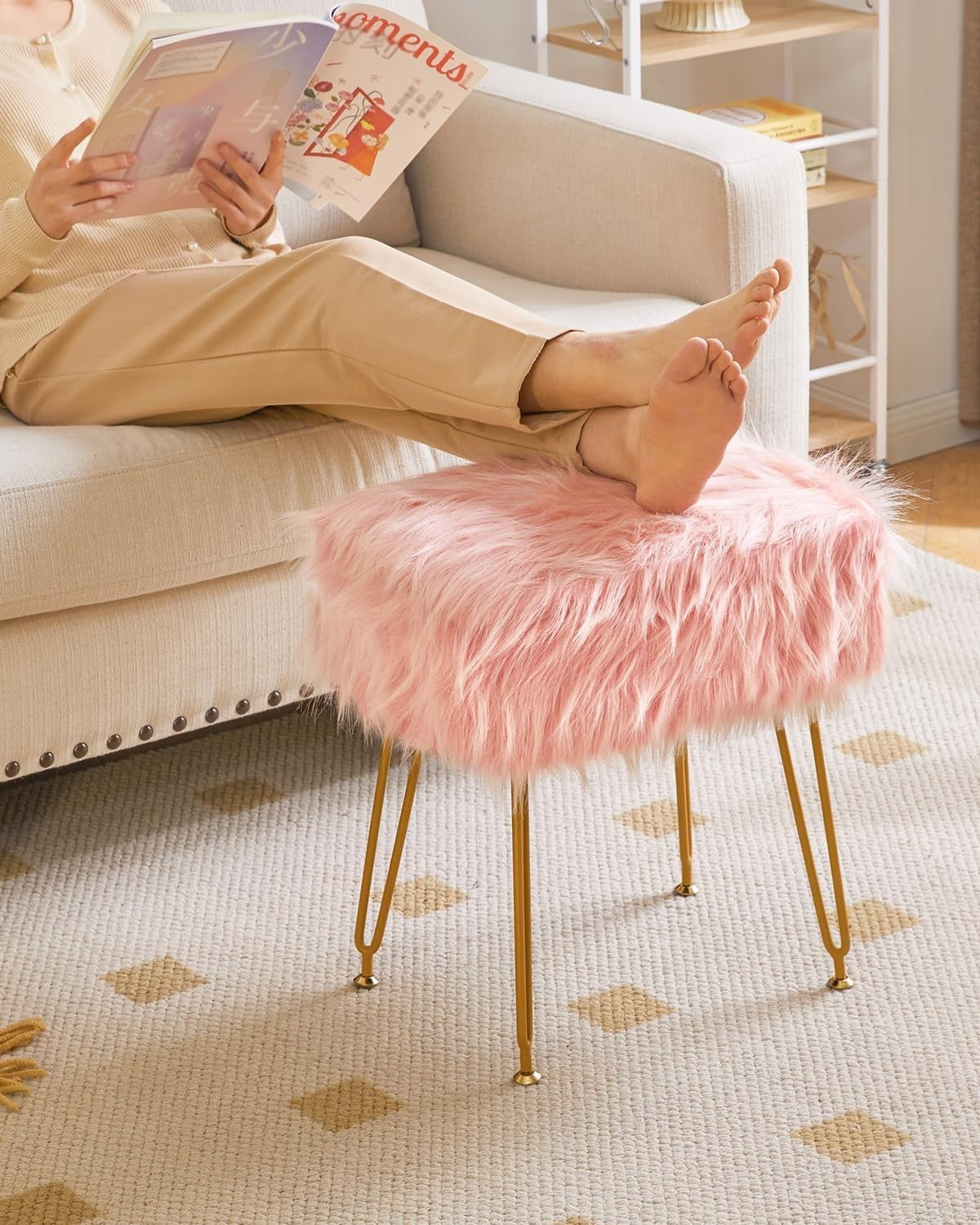Pink Rectangular Faux Fur Vanity Stool with Storage and Gold Metal Legs