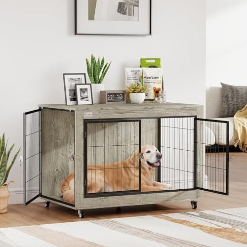 Modern Dog Crate Furniture with Wheels, Large Lockable Pet Cage Grey