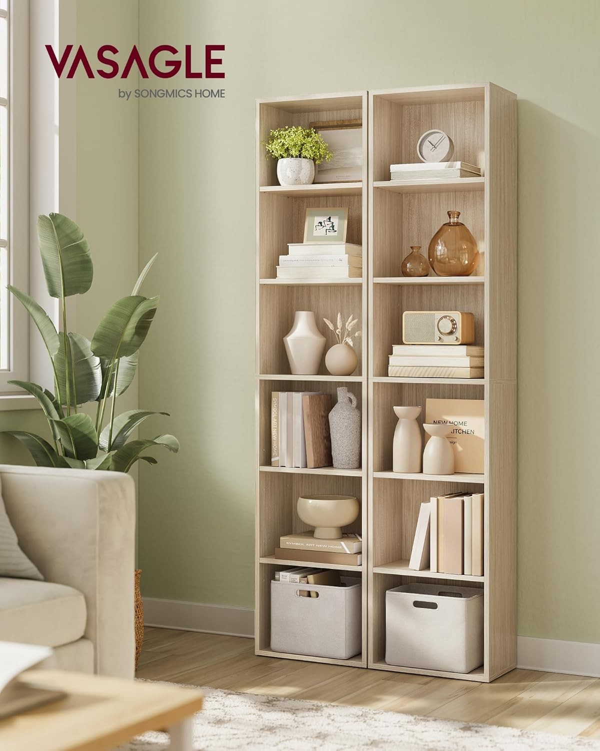 6-Tier Tall Bookcase with Drawer, Space-Saving Storage Shelf Unit for Home
