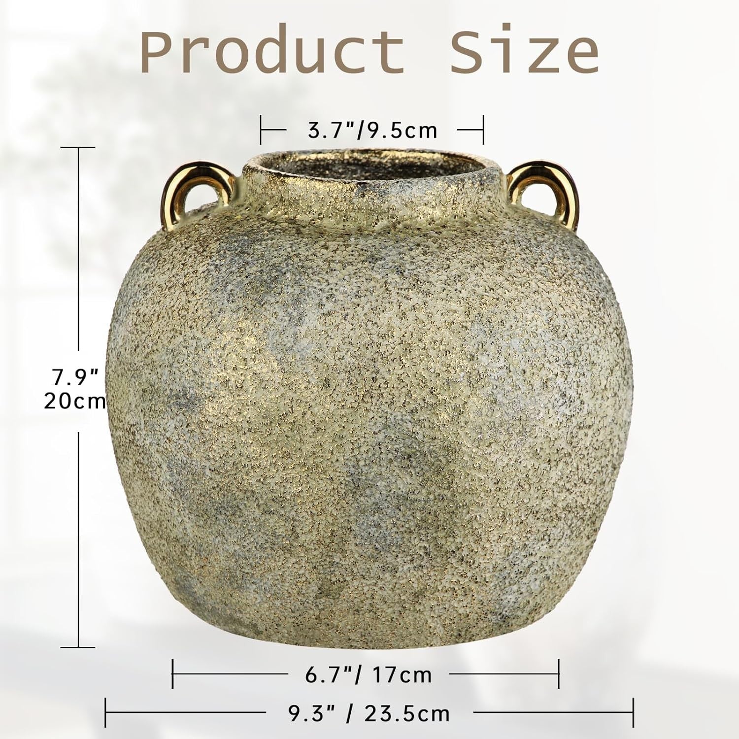 Rustic Gold Ceramic Vase 20cm with Handles Farmhouse Pampas Decor
