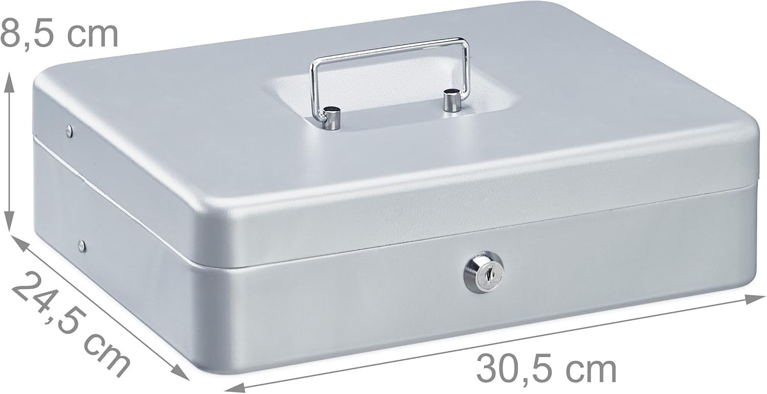 Lockable Cash Box Coin Counter Tray Money Storage Case Silver Steel