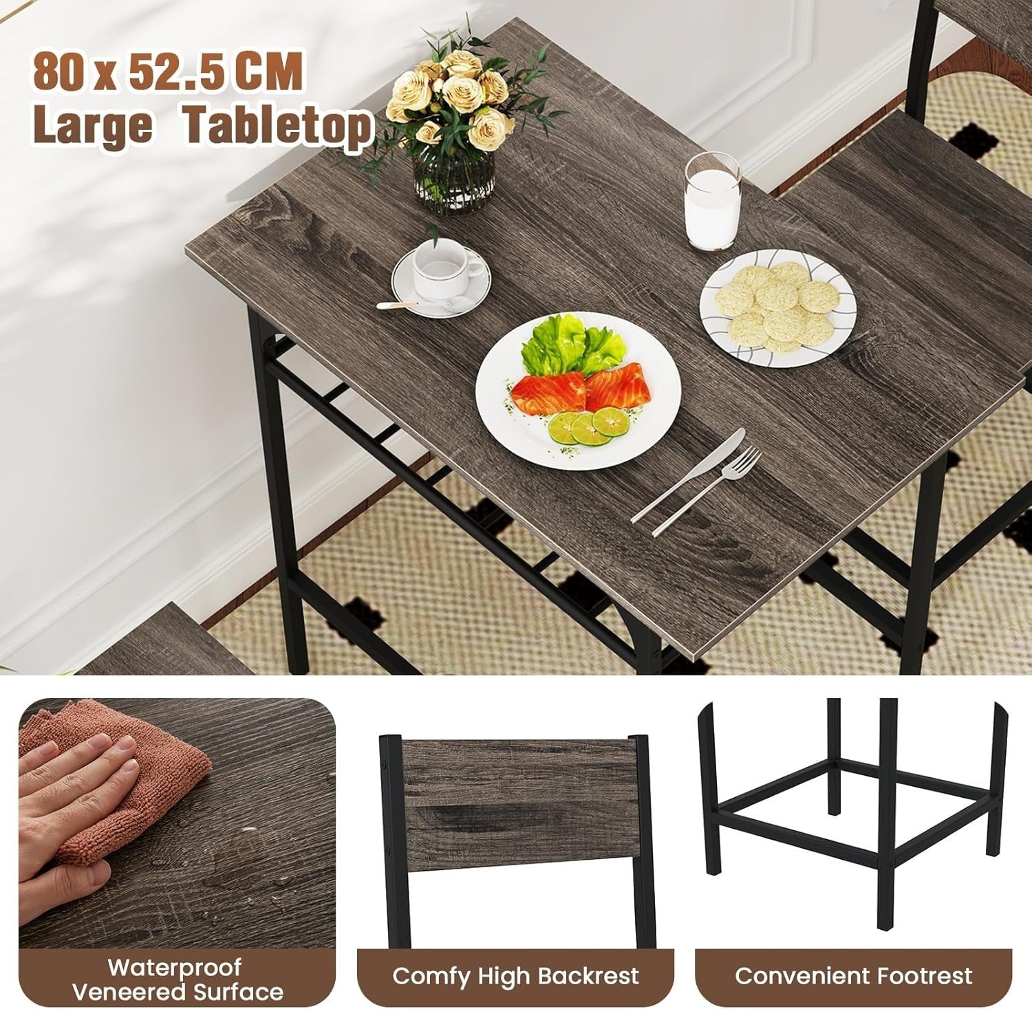 Grey 3-Piece Dining Table Set with 2 Chairs & Storage Rack Kitchen Bistro