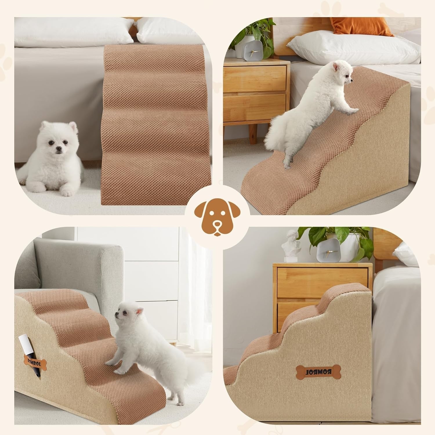 4 Step Dog Stairs Non Slip Pet Ramp for Bed Sofa Washable Brown