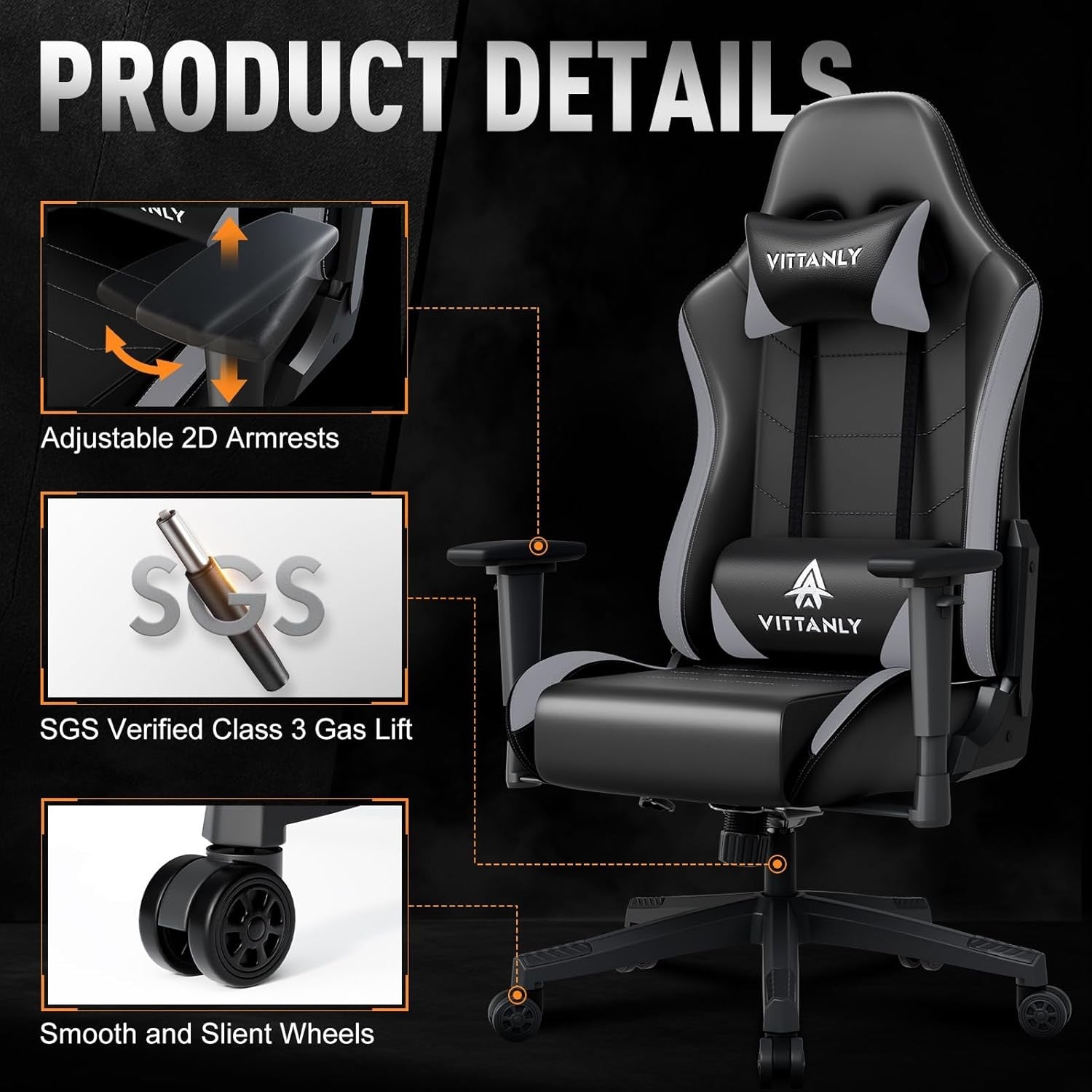 Ergonomic Gaming Chair Reclining Swivel Lumbar Support Grey