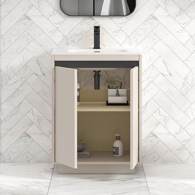 600mm Beige Floor Standing Vanity Unit with Basin Sink 2 Door Cabinet Modern