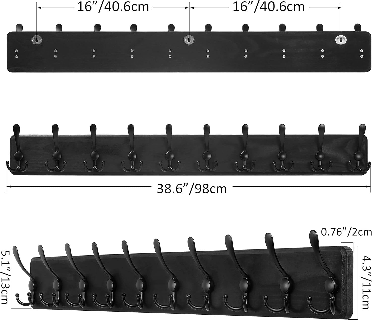 Set of 2 Black Wooden Wall Coat Racks 38" | Rustic Heavy Duty 10 Hook Organizer