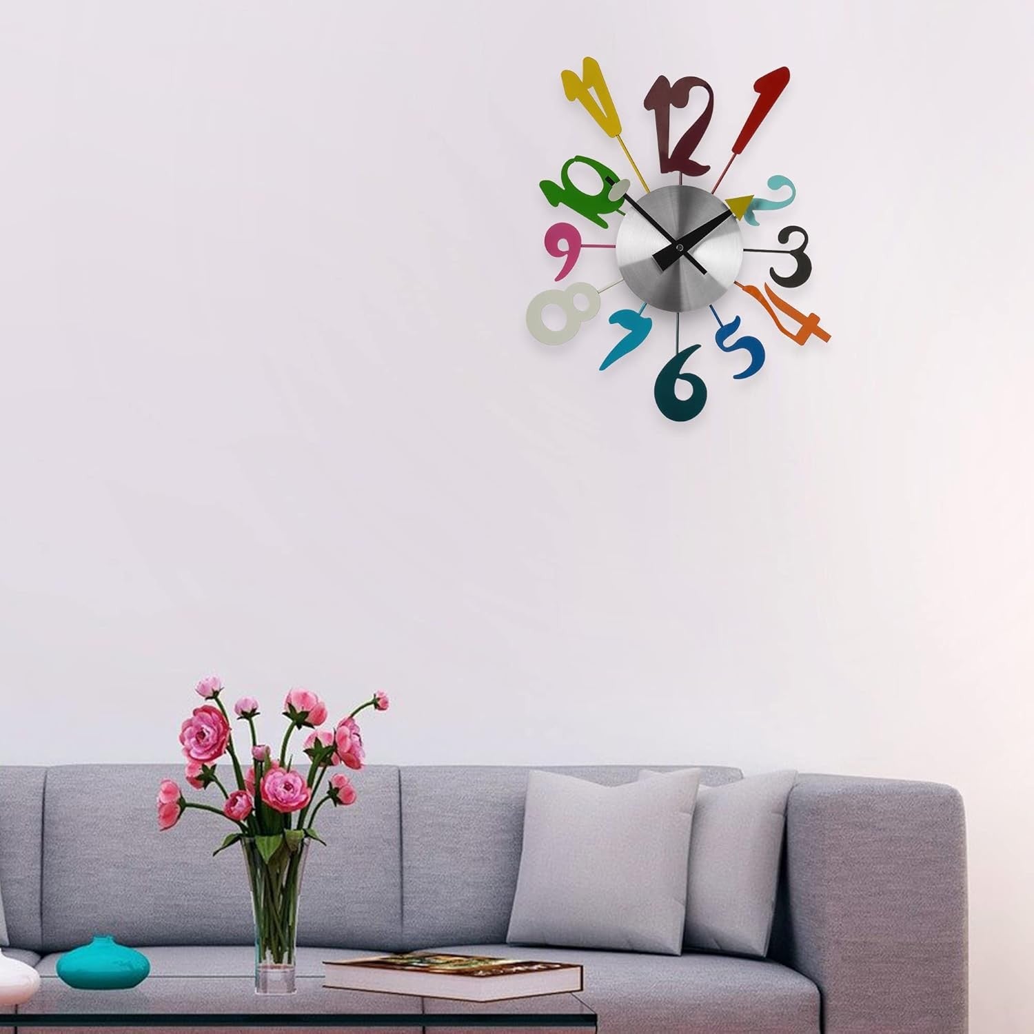 Modern Funky Numbers Wall Clock Multicolour Metal Silent Round Clock 38cm Home