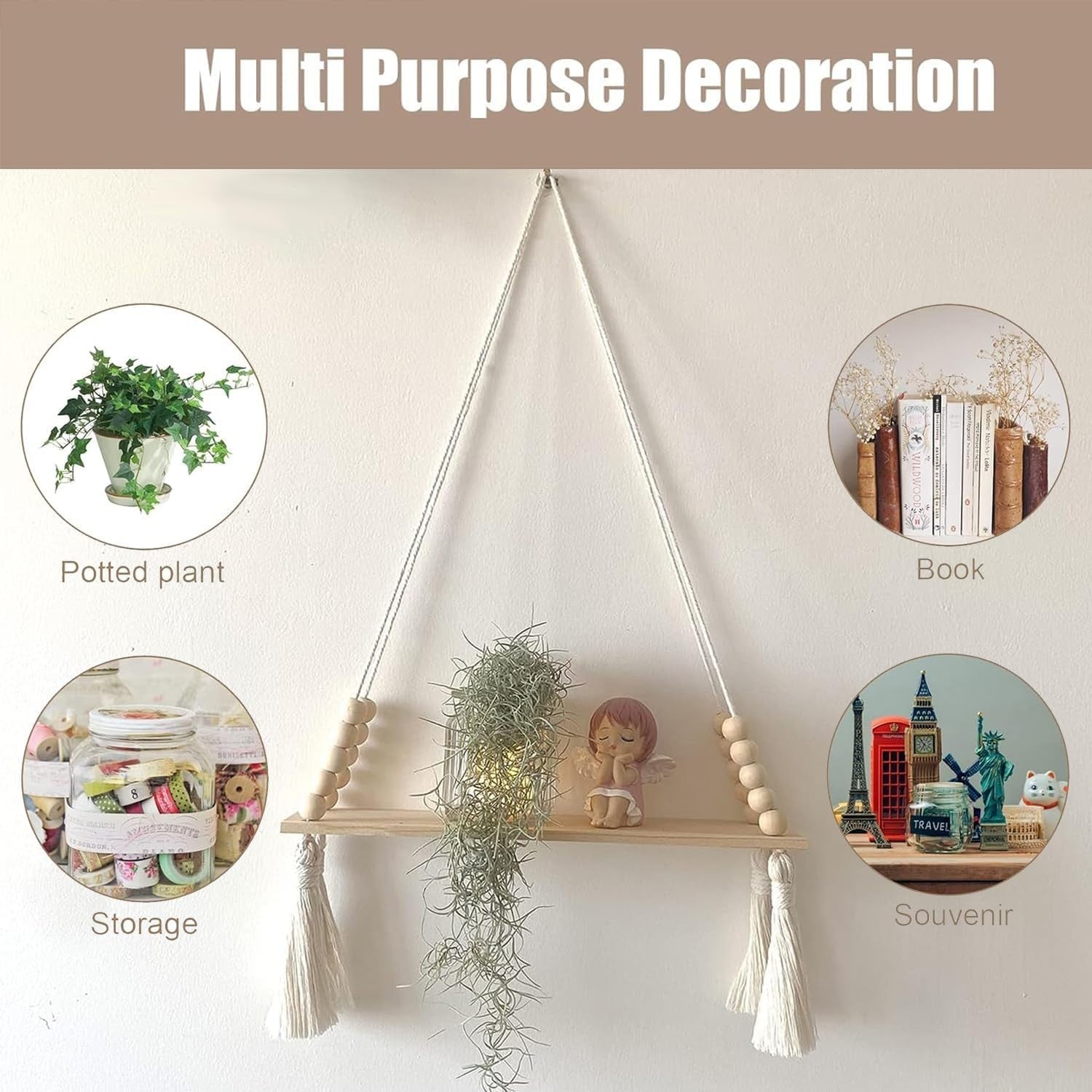 Boho Macrame Hanging Shelves Set of 2 Rustic Wooden Wall Decor