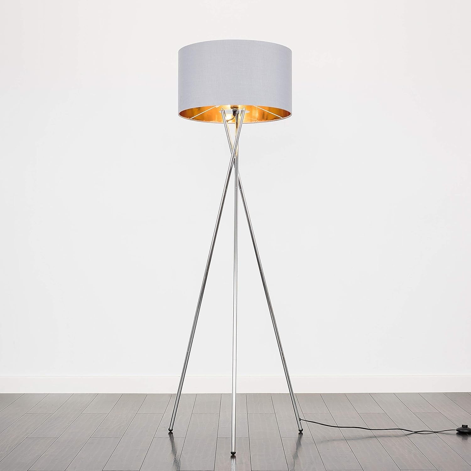 Polished Chrome Tripod Floor Lamp Grey Gold Shade Modern Standing Light