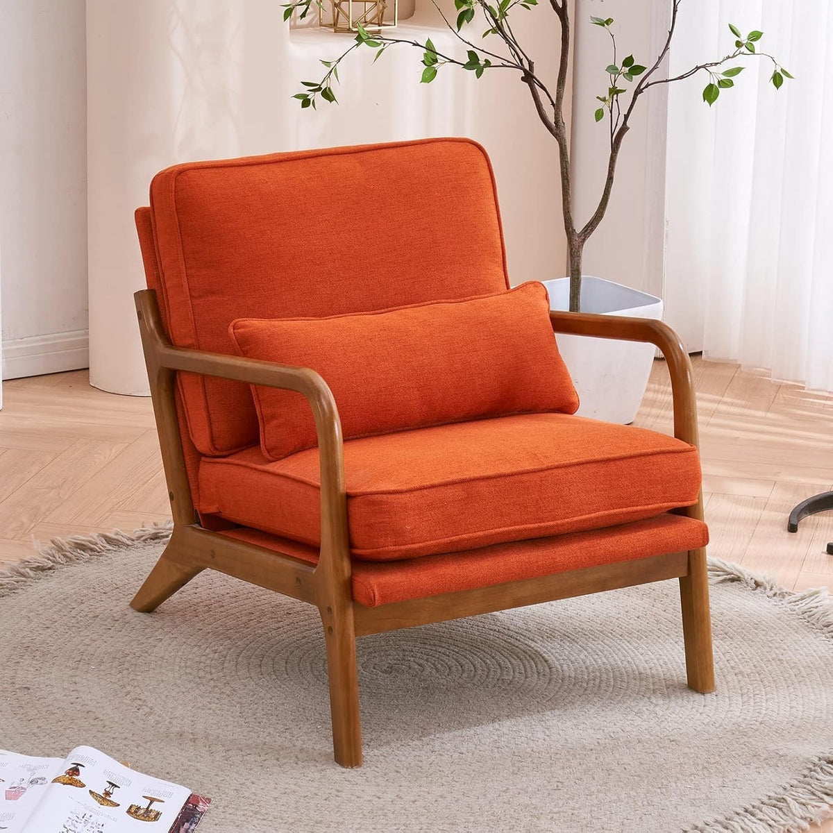 Mid Century Orange Lounge Chair Oak Frame Linen Seat for Living Room