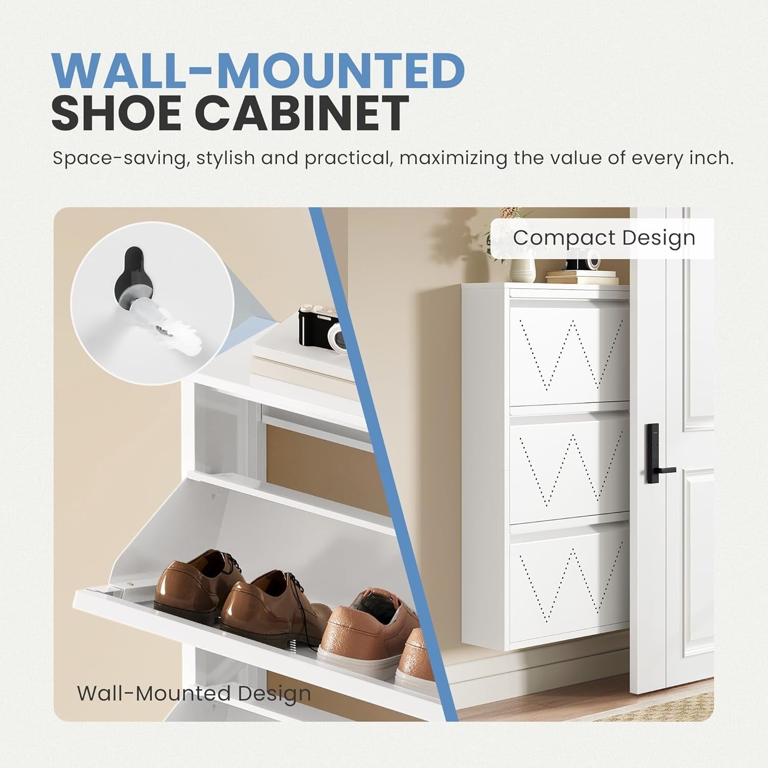 Wall-Mounted Narrow Shoe Cabinet with 3 Flip Drawers, 50x15.2x105 cm White