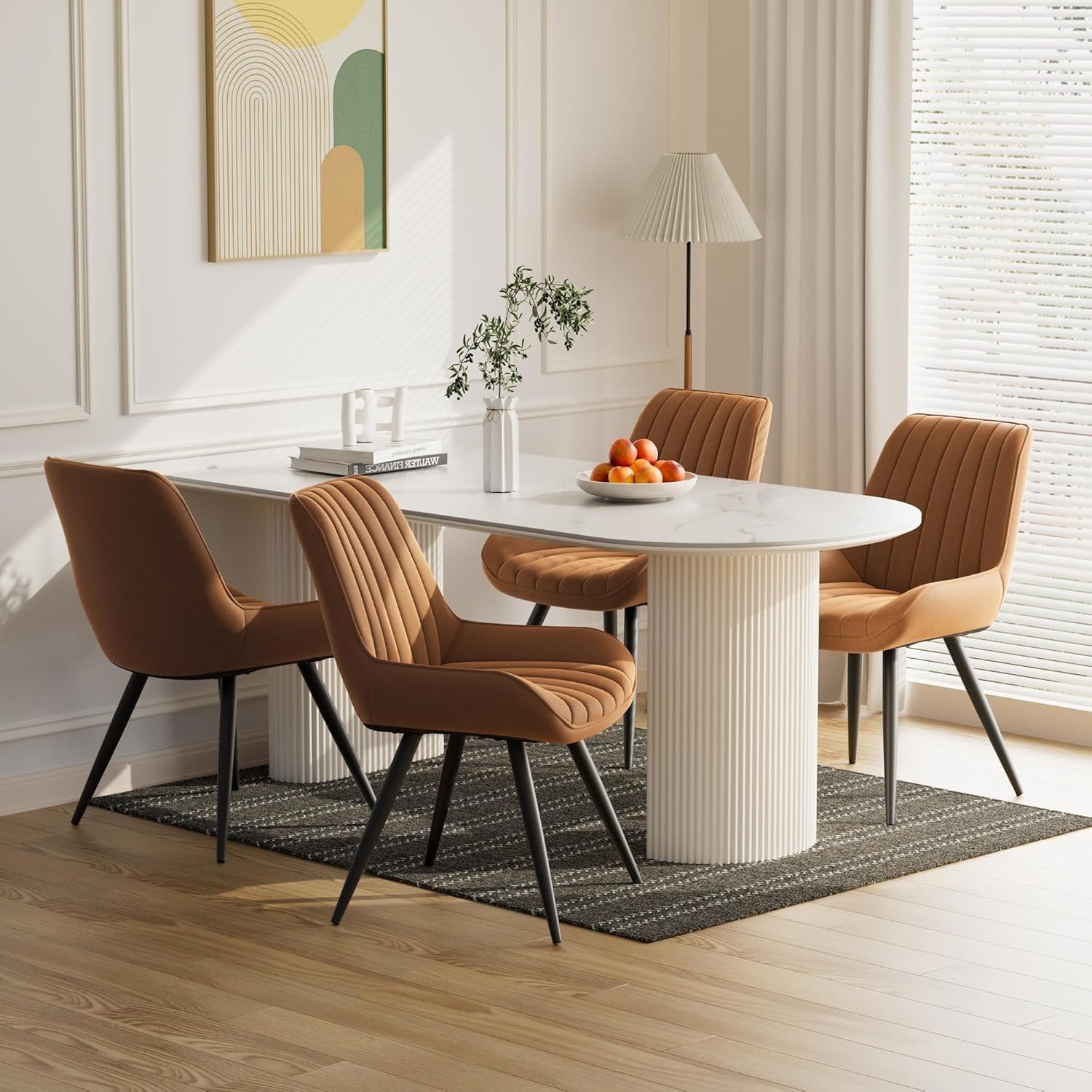 4 Brown Upholstered Dining Chairs Thick Cushion Kitchen Chair Metal Legs
