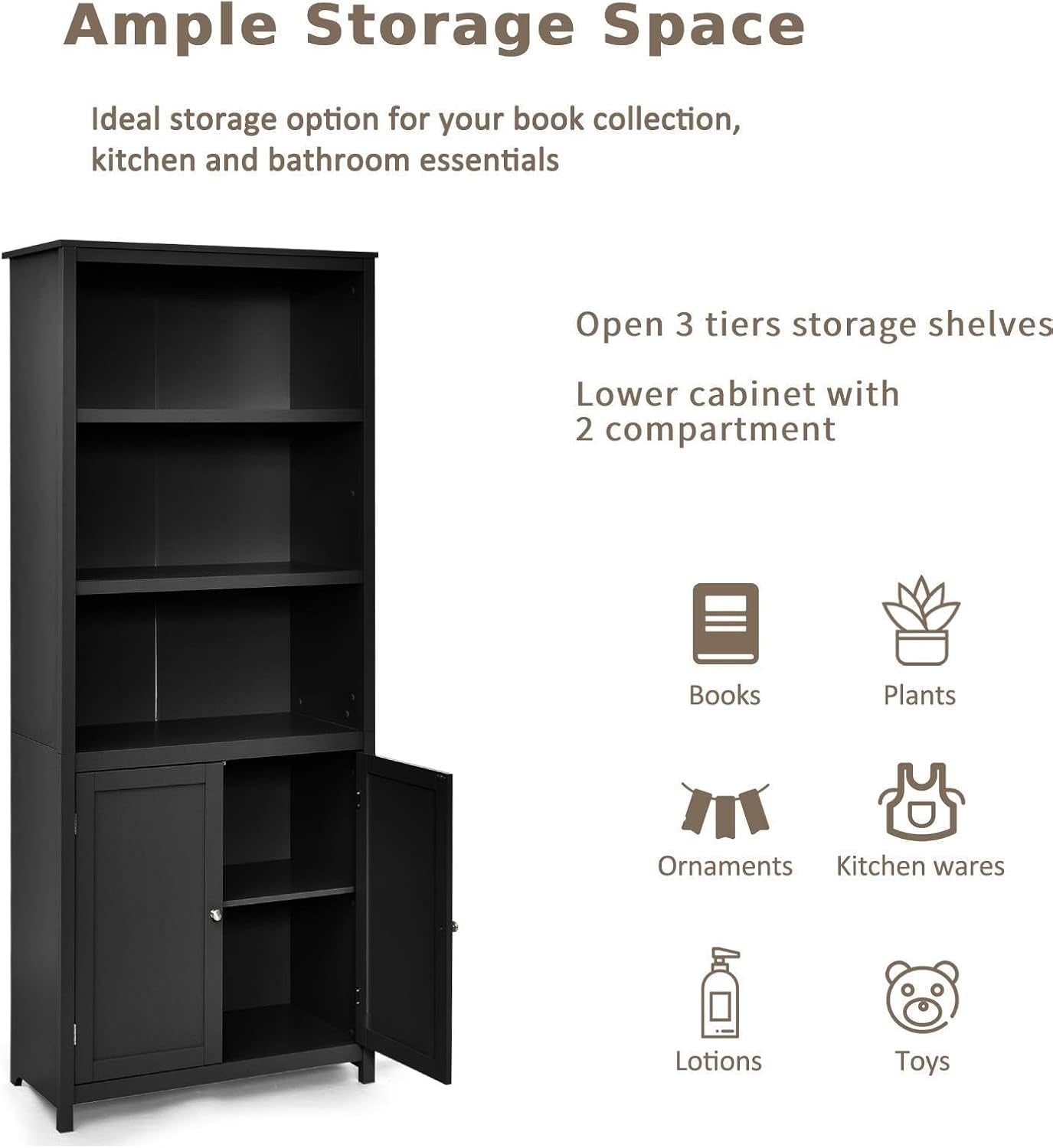 Tall Black 5-Tier Storage Cabinet with Doors, Adjustable Shelves, Freestanding