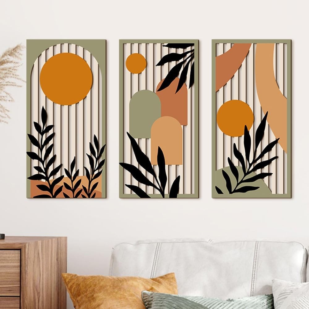 KiKiHong 3-Piece Wooden Abstract Botanical Wall Art for Living Room
