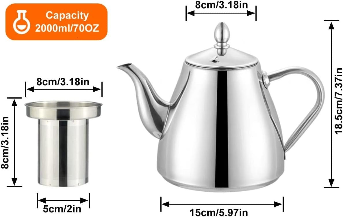 Stainless Steel Teapot 70oz 2L Tea Pot w/ Infuser Strainer Silver