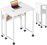Folding Computer Desk on Wheels with Storage Shelf Space Saving White 80cm