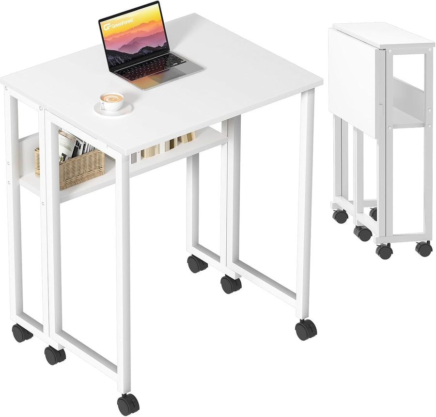 Folding Computer Desk on Wheels with Storage Shelf Space Saving White 80cm
