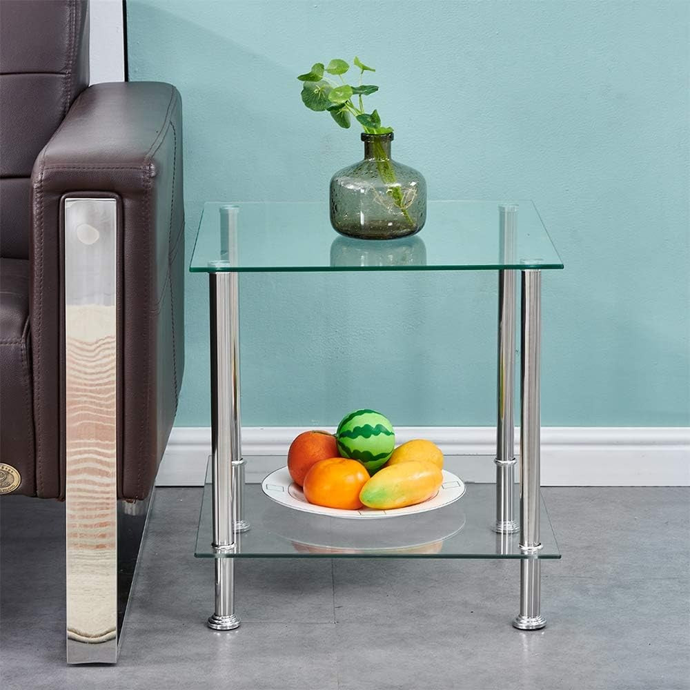 Clear Glass Side Table with Chrome Legs – Modern 2-Tier Small Coffee Table