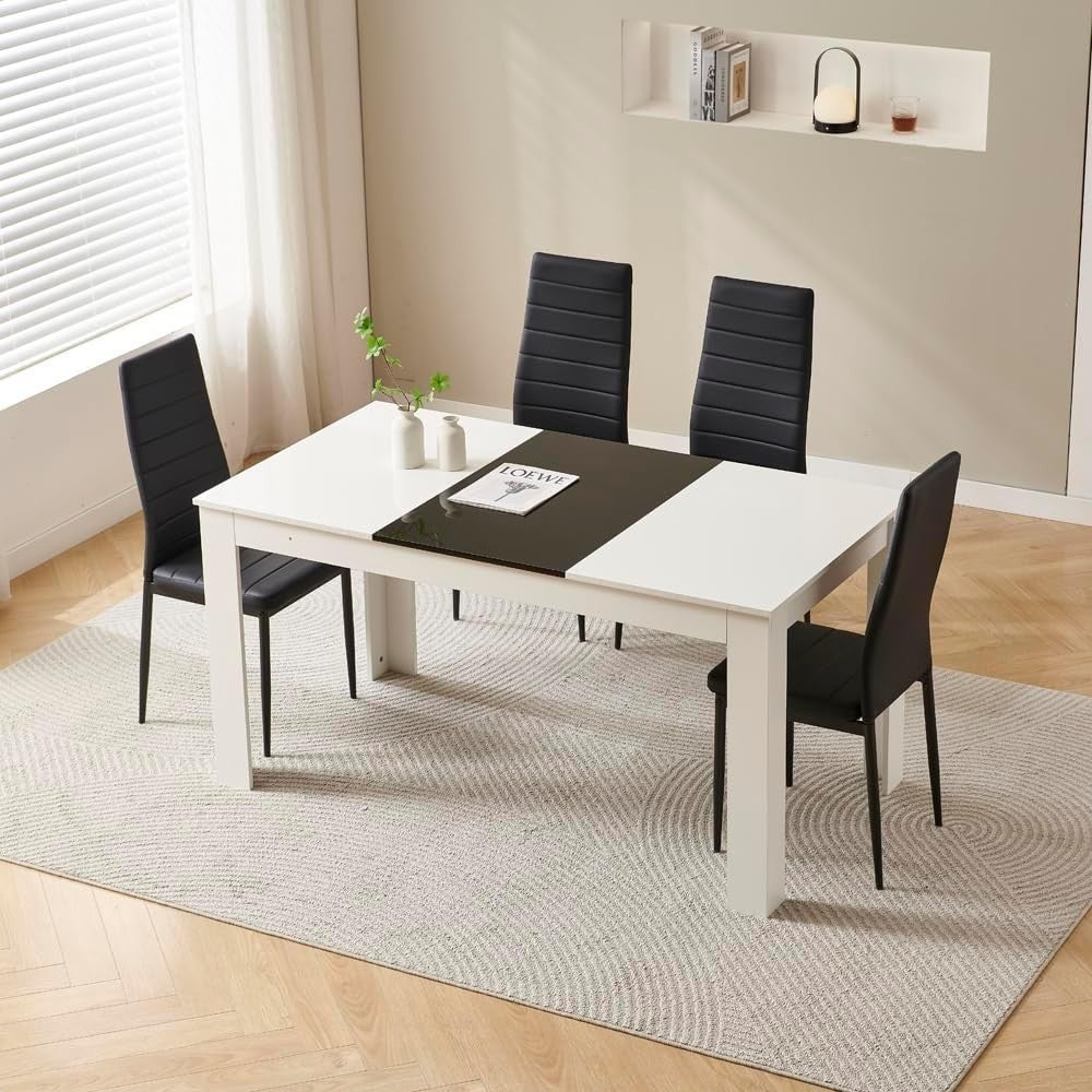 Modern White Dining Table Set + 4 Black Chairs | Small Space Kitchen Set