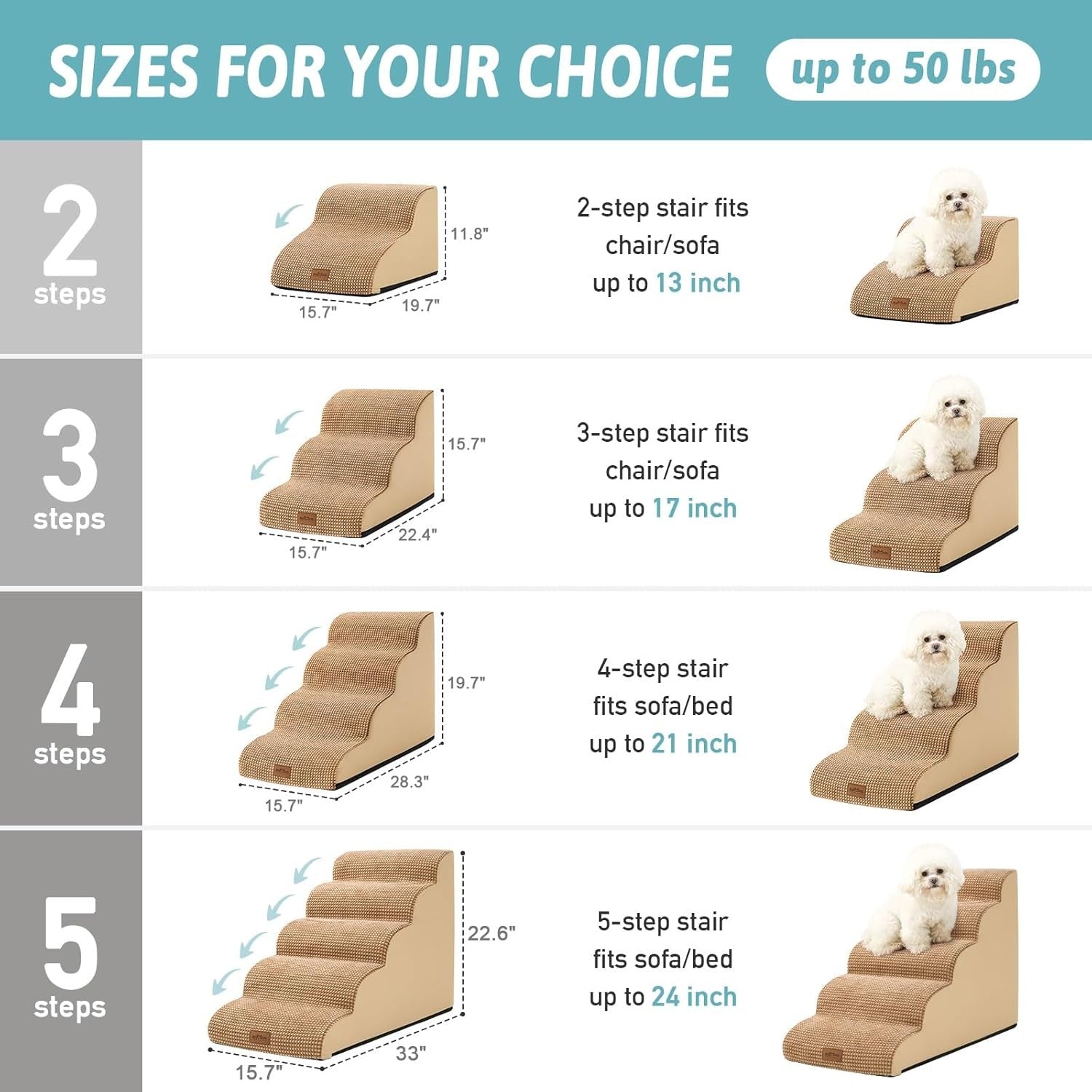 Dog Stairs 4 Step 19.7in Foam Pet Ramp for Bed Sofa Brown