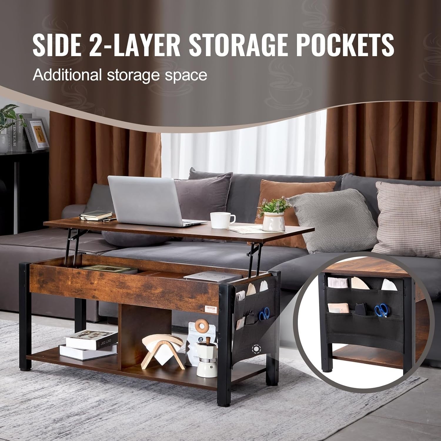 Lift Top Coffee Table with Storage, Adjustable Pop-Up Wood Table 106cm
