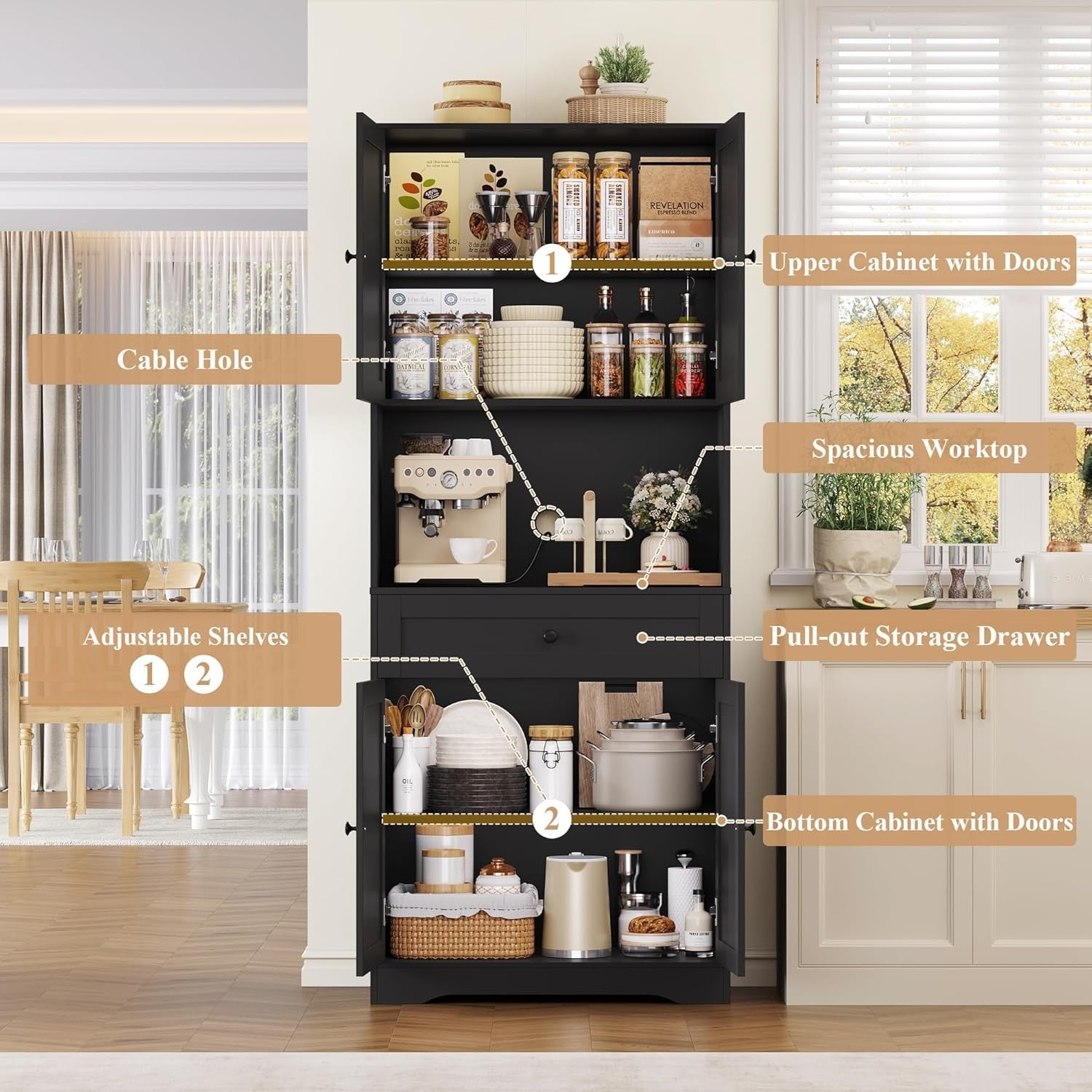 Tall Black Kitchen Cabinet Cupboard with Countertop & Adjustable Shelves