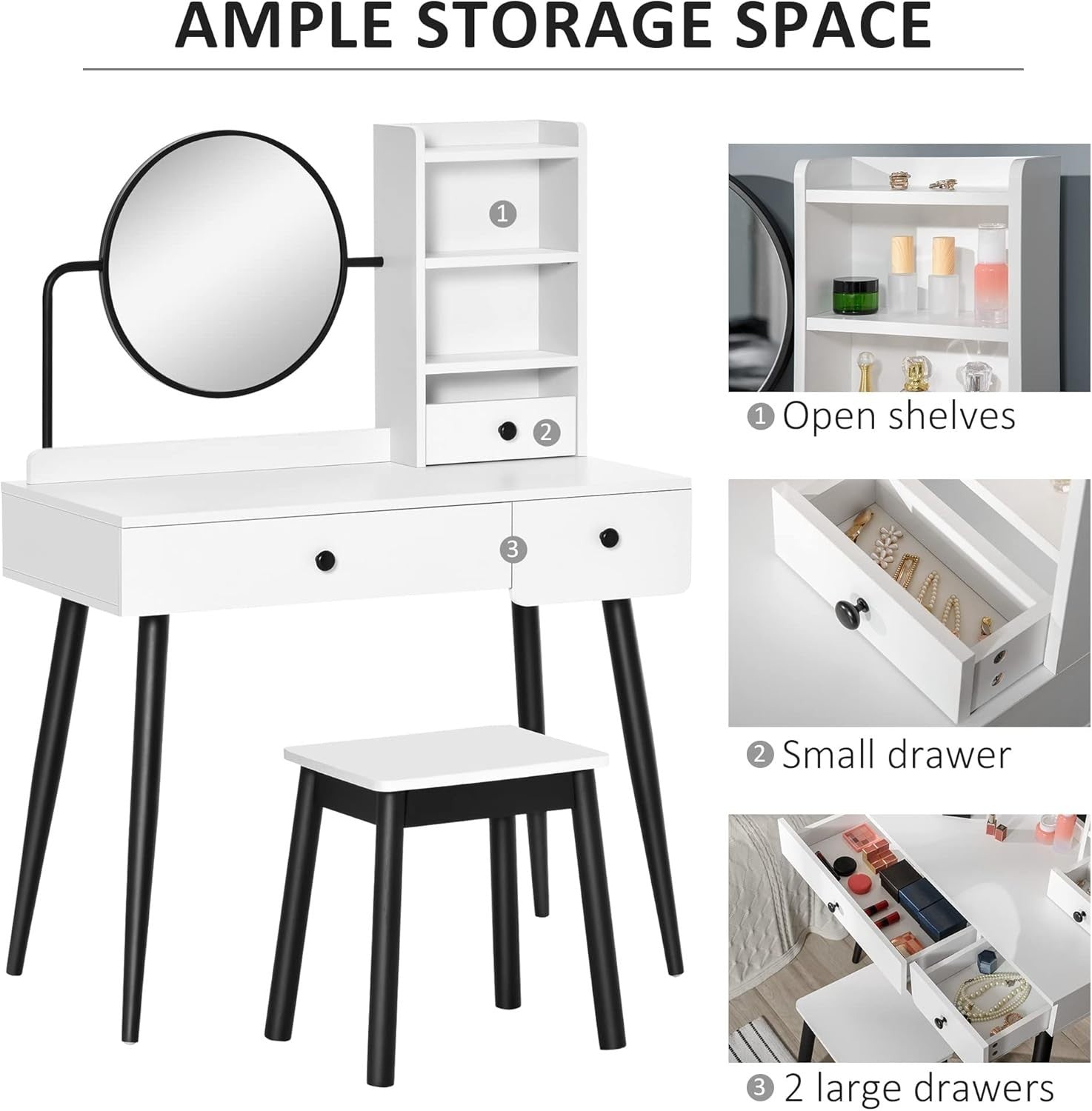 White Dressing Table Stool Mirror Set Vanity Desk 3-Drawer Storage & Shelves