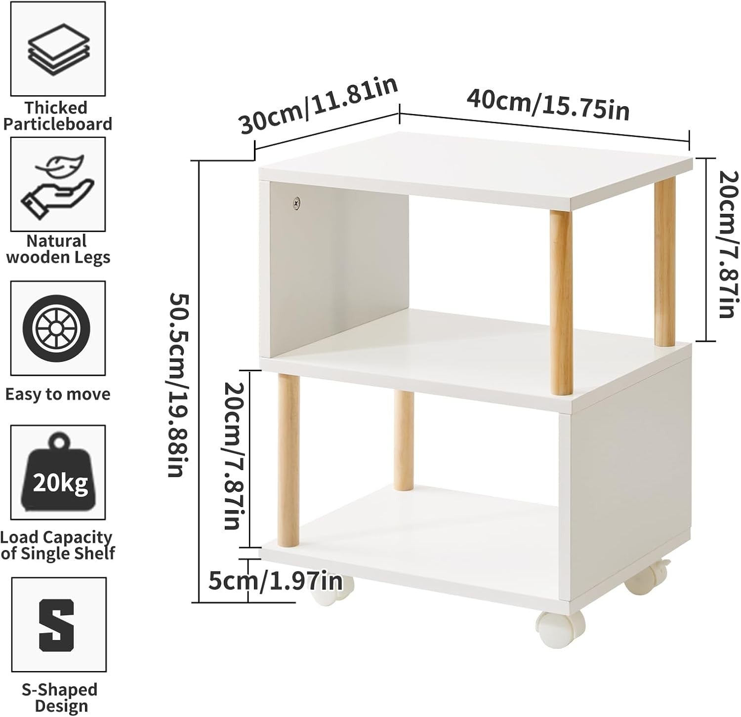 White 3-Tier Bedside Table with Wheels, Narrow Side Table for Small Spaces