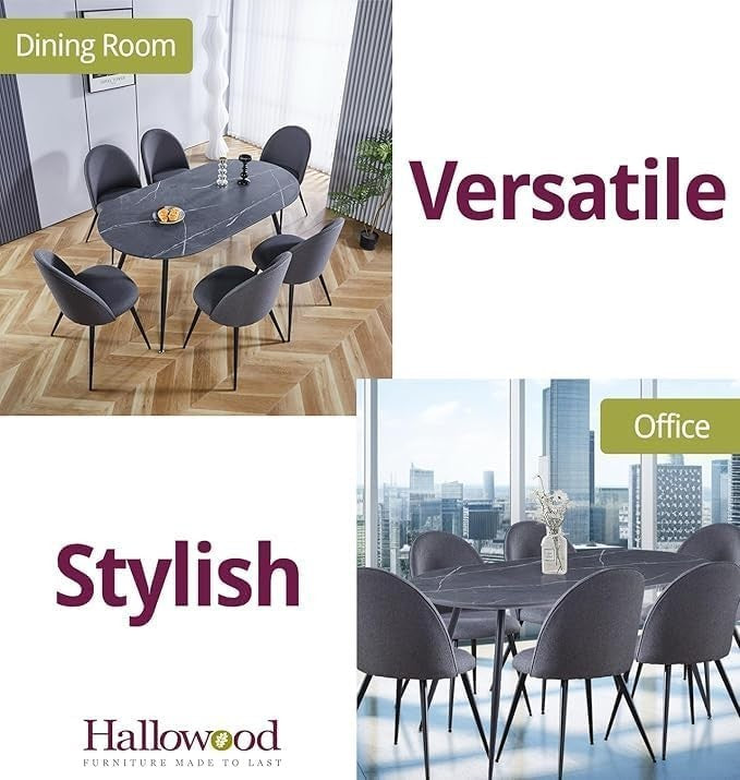 6 Seater Grey Marble Oval Dining Table Set with Curved Fabric Chairs