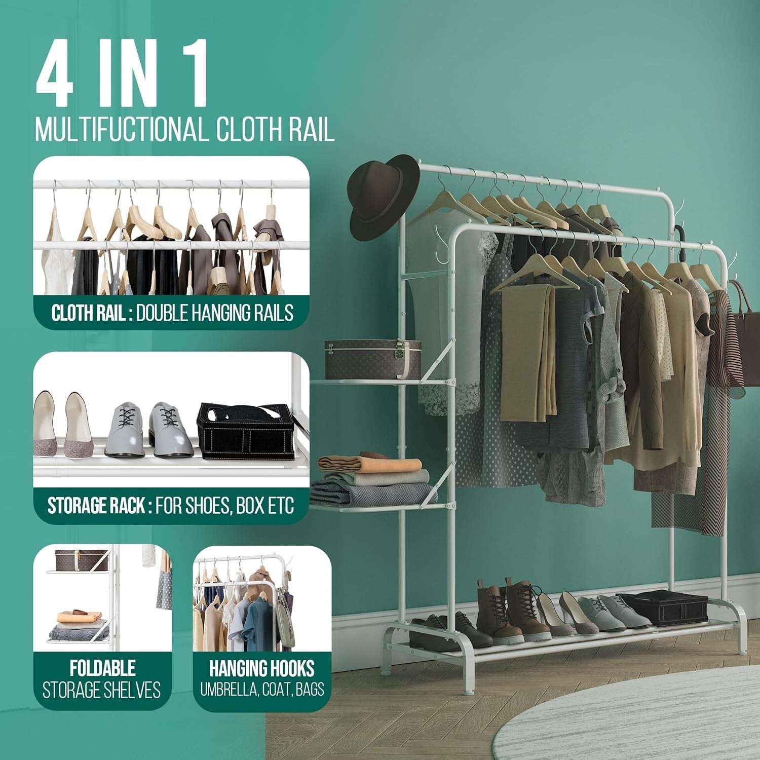 White Heavy Duty Clothes Rail 100KG Rack With Folding Shelves & Hooks